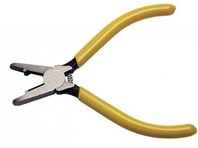 Side view of Platinum Tools connector Pressing Telcom Pliers with yellow Vinyl handles, a built-in side-cutter and coil spring.